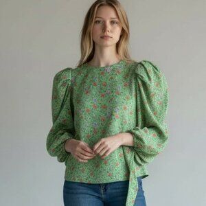 Banjanan Florence Blouse XS Green Floral Long Sleeve